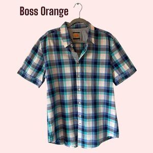 Boss Orange Hugo Boss Slim Fit Plaid Shirt Blue Turquoise White Vintage EUC